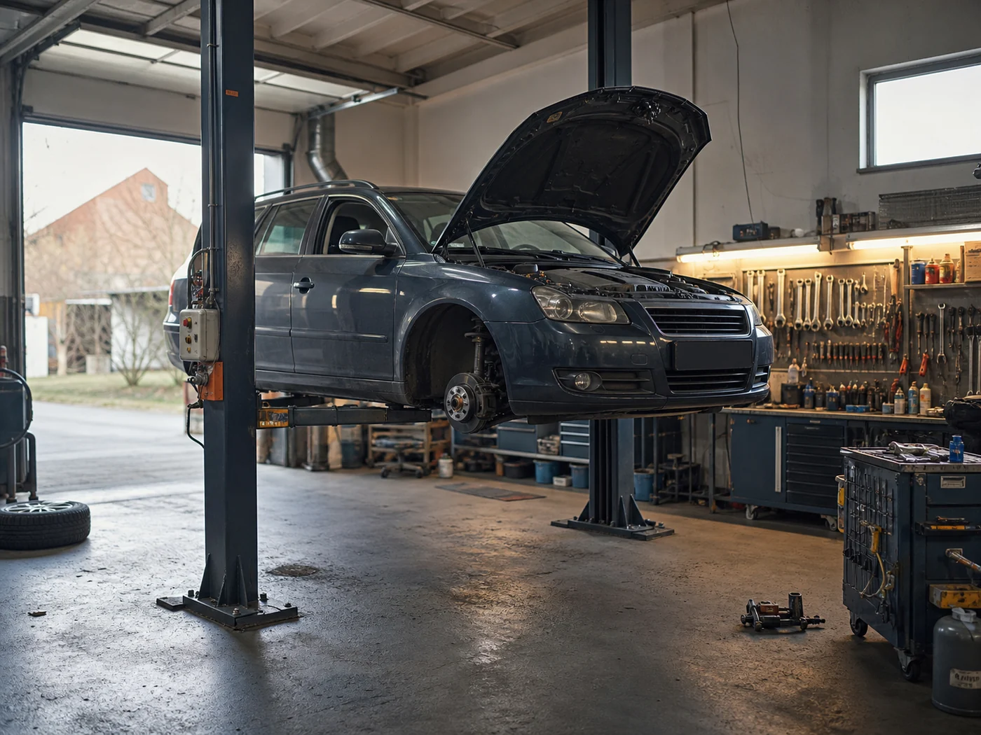 Eine Werkstatt, ein Fahrzeug auf der Hebebühne, das Vorderrad abgenommen