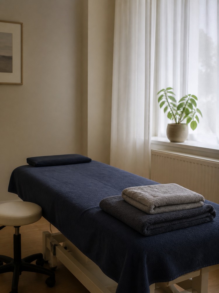 Behandlungsraum mit Liege, Gymnastikbällen auf einer Stange und bodentiefem Fenster