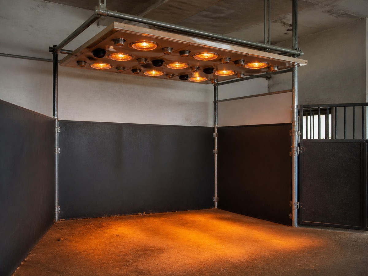 Beispielansicht eines Pferdes unter einem Infrarot-Solarium im Stall