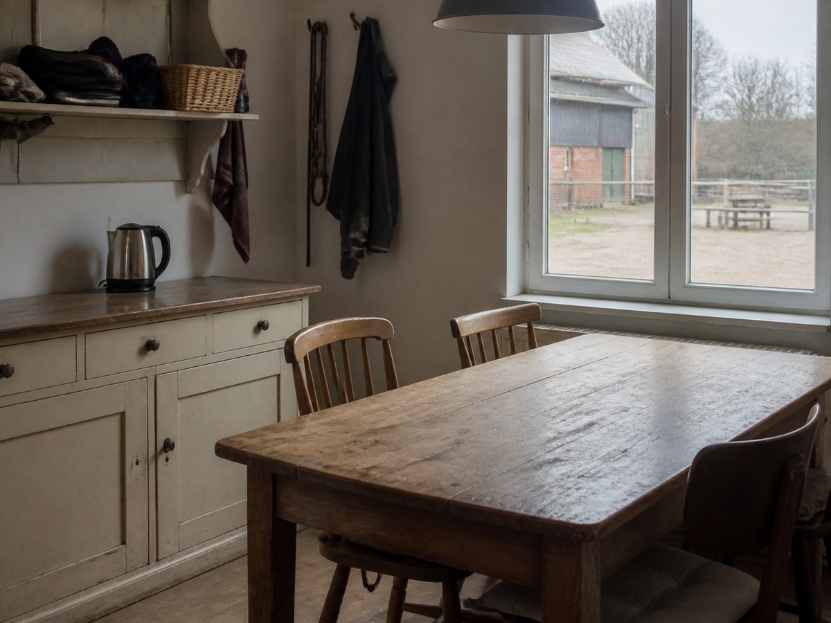Beispielansicht eines warmen Reiter-Stübchens mit Holztisch und Blick in den Stall