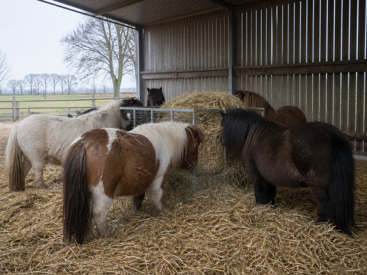 Beispielansicht kleiner Ponys an einem offenen Laufstall mit trockenem Unterstand